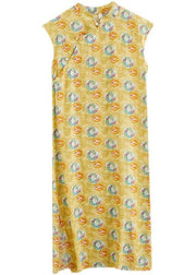 Fashion Yellow Print Cotton Dress Oriental Summer Vacation Dresses - SooLinen