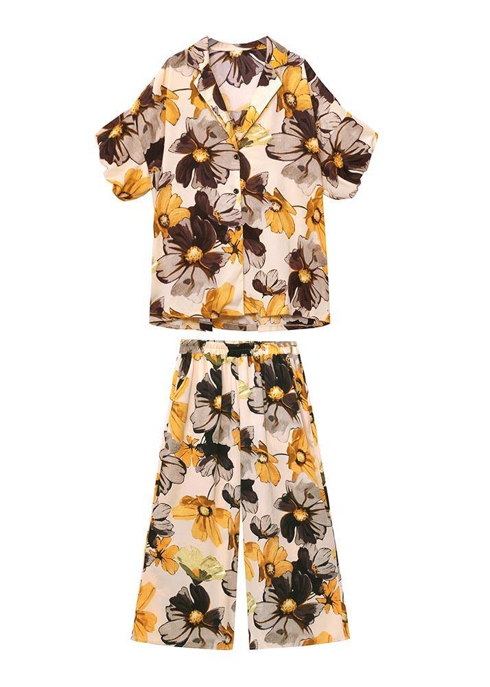 Fashion Yellow Print Two Piece Suit - SooLinen