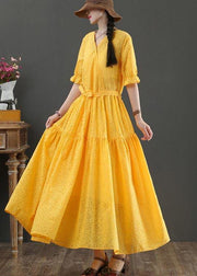 Fashion Yellow Short Sleeve A Line Summer Cotton Dress - SooLinen