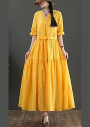 Fashion Yellow Short Sleeve A Line Summer Cotton Dress - SooLinen