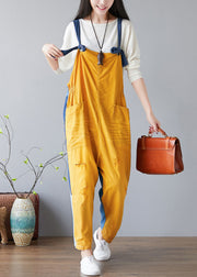 Fashion Yellow pockets Patchwork denim Jumpsuit Spring