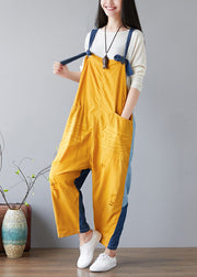 Fashion Yellow pockets Patchwork denim Jumpsuit Spring