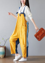 Fashion Yellow pockets Patchwork denim Jumpsuit Spring