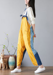 Fashion Yellow pockets Patchwork denim Jumpsuit Spring