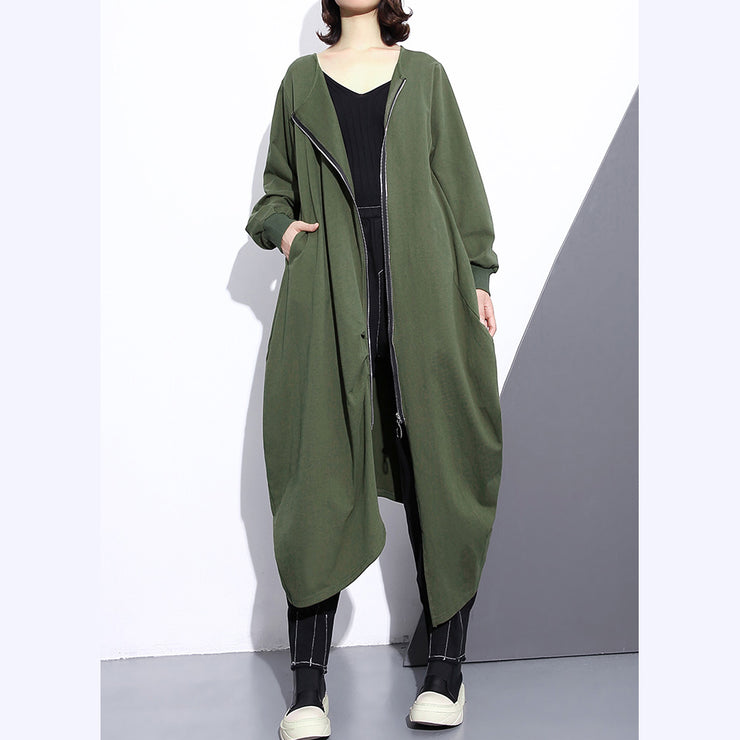 Fashion army green long coat oversize O neck asymmetrical design outwear Fashion zippered coats