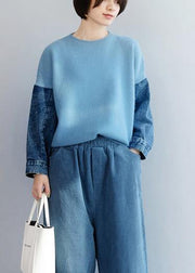 Fashion blue knitted pullover patchwork sleeve fashion o neck knit tops - SooLinen