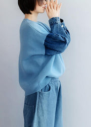 Fashion blue knitted pullover patchwork sleeve fashion o neck knit tops - SooLinen