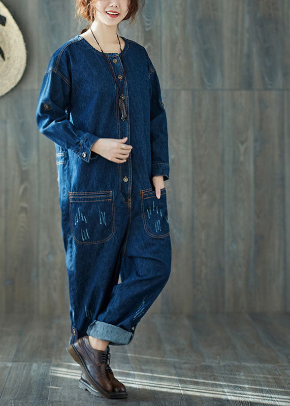 Fashion dark Blue O-Neck pockets denim Jumpsuits Spring