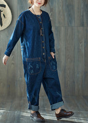 Fashion dark Blue O-Neck pockets denim Jumpsuits Spring