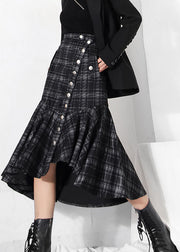 Fashion dark Grey button Ruffles Plaid Skirt Spring