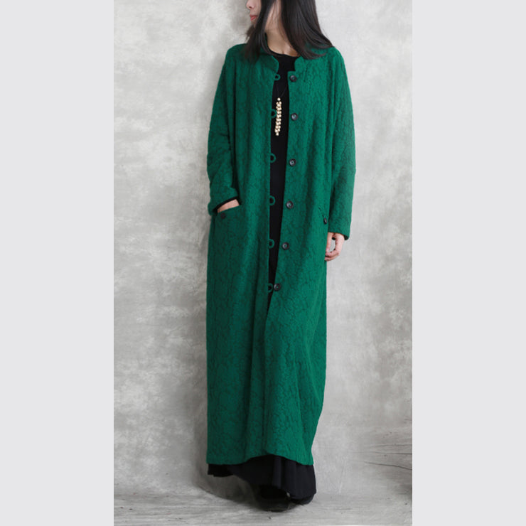 Fashion green maxi coat casual Stand pockets Cotton linen Coat women long sleeve baggy coat