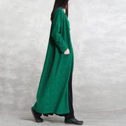 Fashion green maxi coat casual Stand pockets Cotton linen Coat women long sleeve baggy coat