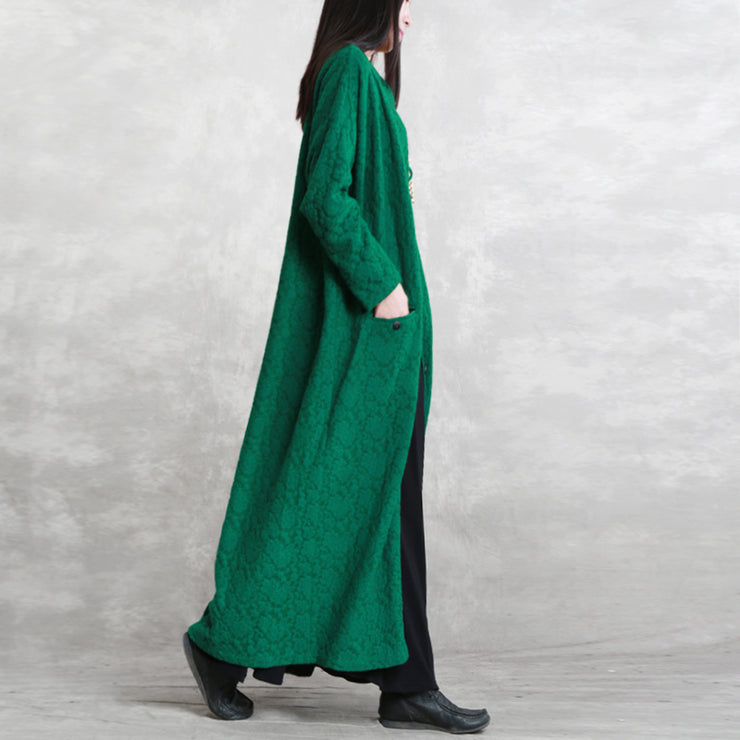 Fashion green maxi coat casual Stand pockets Cotton linen Coat women long sleeve baggy coat