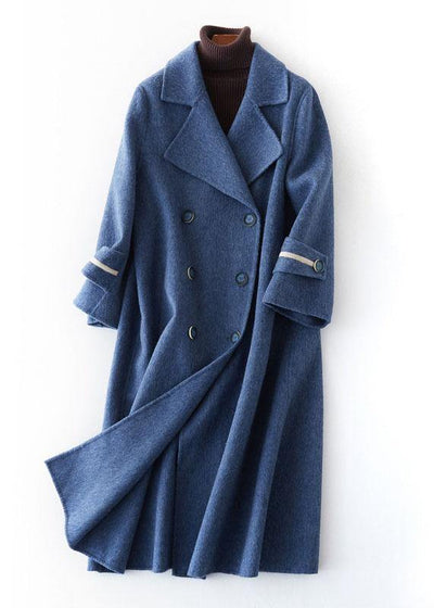 Fashion oversized long winter coat double breast outwear denim blue Notched Wool jackets - SooLinen