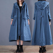 Fashion plus size fall blue hooded coats low high design overcoat - SooLinen