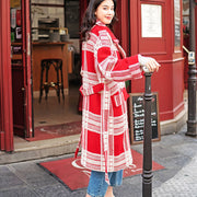 Fashion red white Plaid coat casual Notched tie waist Coats Fashion pockets wool jackets