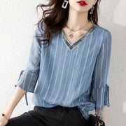 Fashion sky blue Sequins V Neck Jacquard Chiffon Shirt Half Sleeve