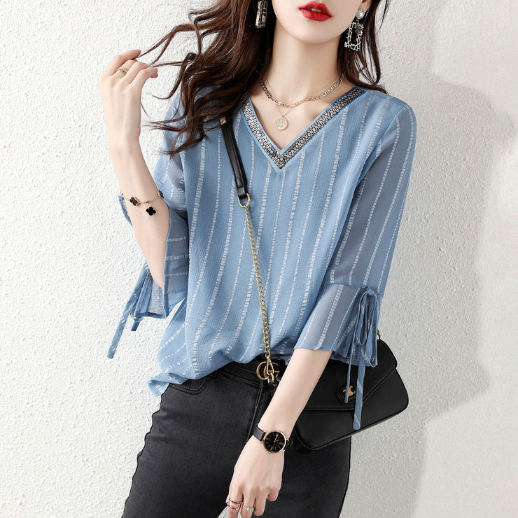 Fashion sky blue Sequins V Neck Jacquard Chiffon Shirt Half Sleeve