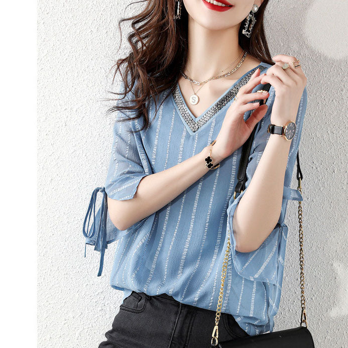 Fashion sky blue Sequins V Neck Jacquard Chiffon Shirt Half Sleeve