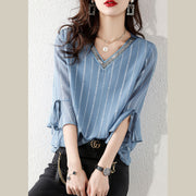 Fashion sky blue Sequins V Neck Jacquard Chiffon Shirt Half Sleeve