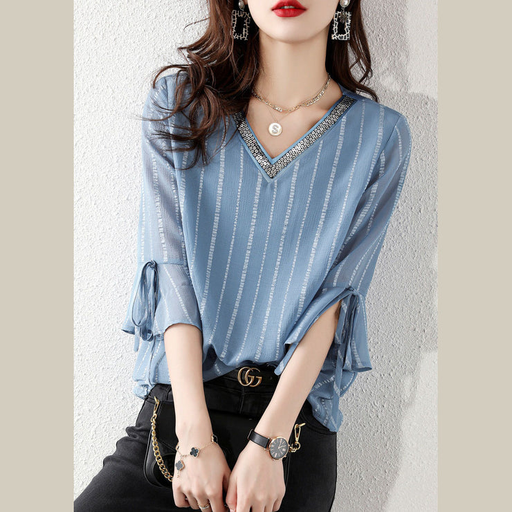 Fashion sky blue Sequins V Neck Jacquard Chiffon Shirt Half Sleeve