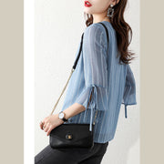 Fashion sky blue Sequins V Neck Jacquard Chiffon Shirt Half Sleeve