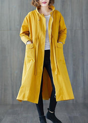 Fashion yellow Coat Women plus size fall Ruffled drawstring zippered coat - SooLinen