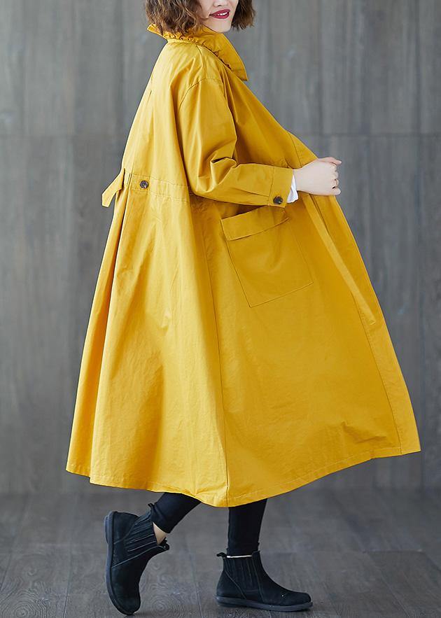 Fashion yellow Coat Women plus size fall Ruffled drawstring zippered coat - SooLinen