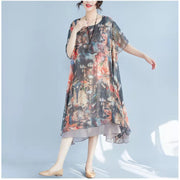 Fashion Red Prints Chiffon Shift Dresses Oversize Chiffon Clothing Dresses Women Half Sleeve Asymmetric Hem Cotton Clothing