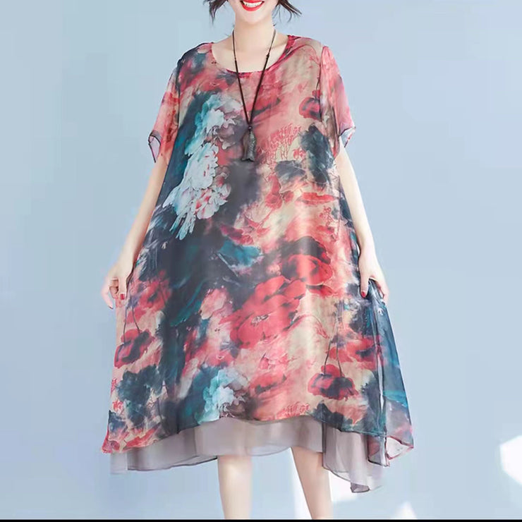 Fashion Red Prints Chiffon Etuikleider Oversize Chiffon Kleidung Kleider Frauen halbe Ärmel asymmetrischer Saum Baumwollkleidung