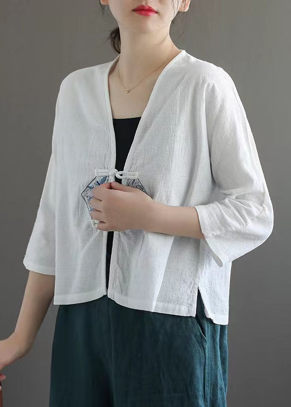 Fashion White Retro Embroideried Patchwork Summer Linen Blouse