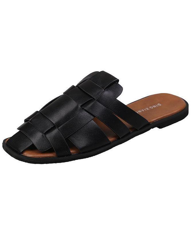 Faux Leather Boho Chocolate Hollow Out Thong Sandals Slide Sandals - SooLinen