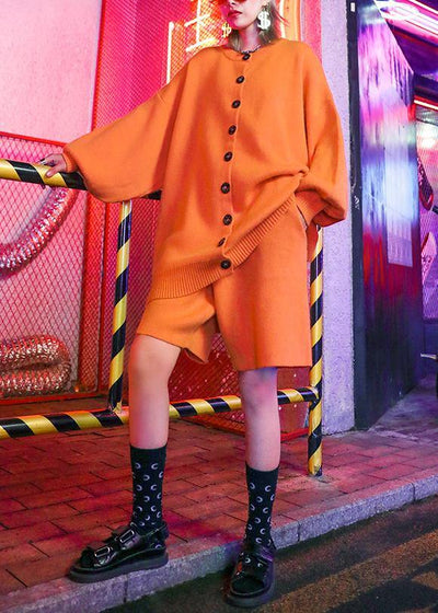 Feminine style fashion large size show thin wide leg pants sweater coat orange two pieces - SooLinen