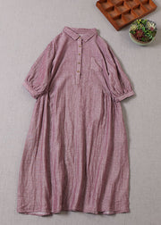 Fine Bean paste red PeterPan Collar Patchwork Cotton Maxi Dresses Half Sleeve