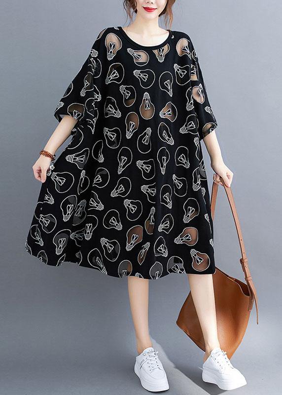 Fine Black O-Neck Loose Summer Jacquard Dresses Half Sleeve - SooLinen