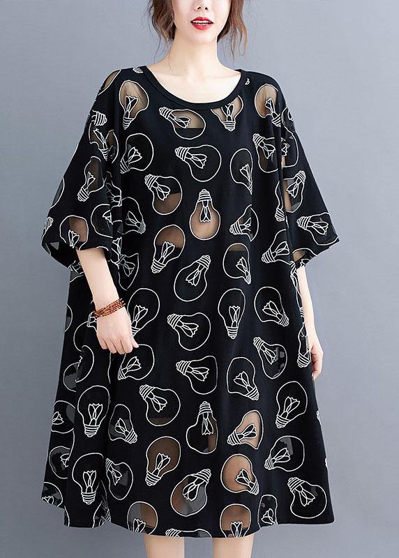 Fine Black O-Neck Loose Summer Jacquard Dresses Half Sleeve - SooLinen