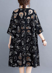 Fine Black O-Neck Loose Summer Jacquard Dresses Half Sleeve - SooLinen