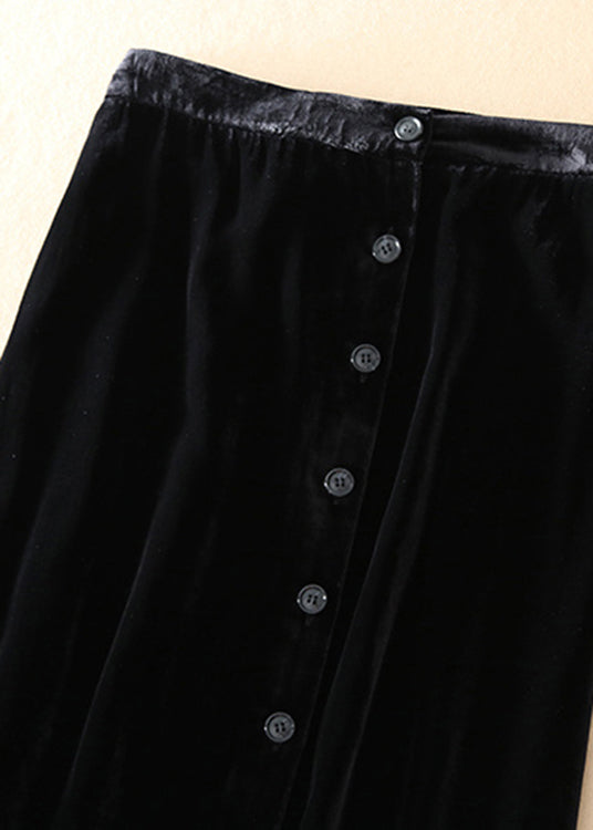 Fine Black Patchwork Button Silk Velour Skirts Spring