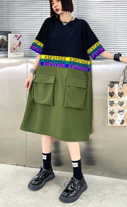 Fine Black Patchwork Green Pockets Holiday Summer Cotton Dress - SooLinen