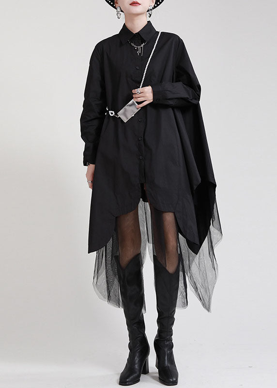 Fine Black PeterPan Collar Button Asymmetrical Design Patchwork Tulle Fall Shirt Tops Long sleeve