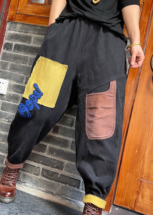 Fine Black fashion patch applique denim Pants Winter