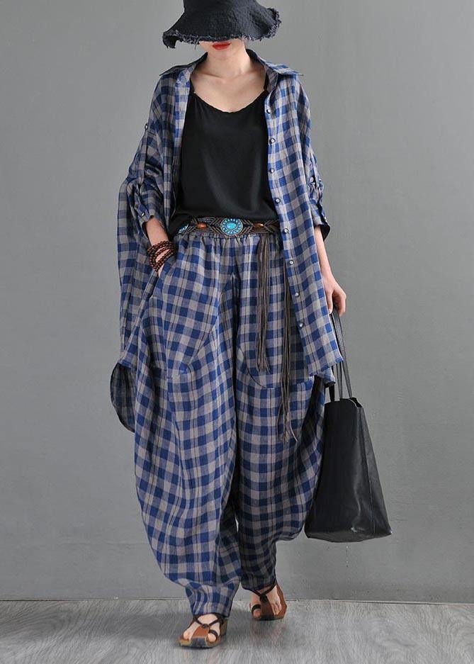 Fine Blue Grey Plaid Cotton Linen Elastic Waist Harem Summer Pants - SooLinen