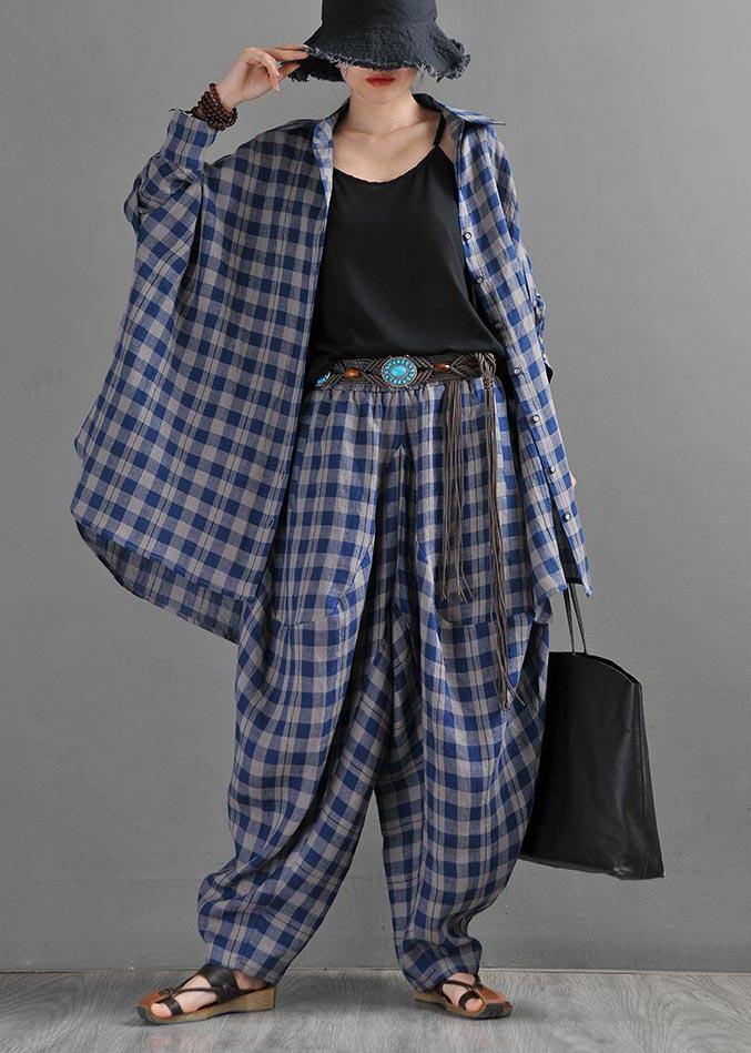 Fine Blue Grey Plaid Cotton Linen Elastic Waist Harem Summer Pants - SooLinen