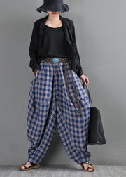 Fine Blue Grey Plaid Cotton Linen Elastic Waist Harem Summer Pants - SooLinen