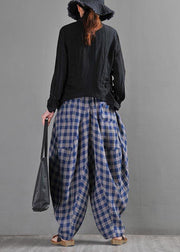 Fine Blue Grey Plaid Cotton Linen Elastic Waist Harem Summer Pants - SooLinen