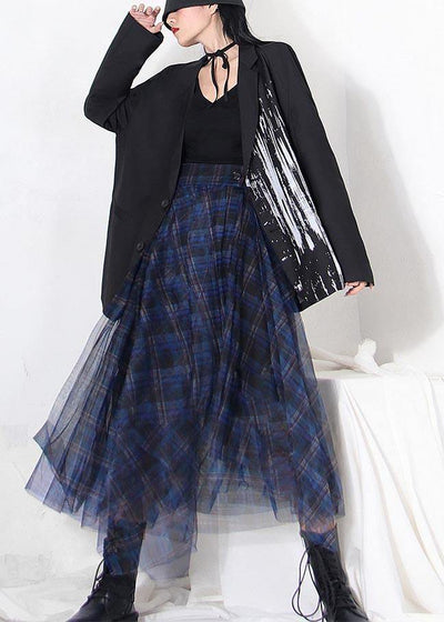 Fine Blue Plaid Button Asymmetrical Summer Skirt - SooLinen