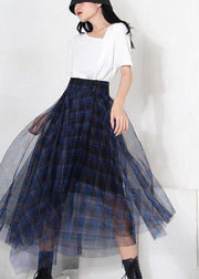 Fine Blue Plaid Button Asymmetrical Summer Skirt - SooLinen