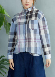 Fine Blue Plaid Print Pockets Button Fall Shirt Long Sleeve - SooLinen