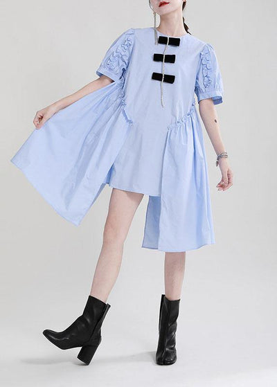 Fine Blue Puff Sleeve Asymmetrical Design Summer Vacation Dress Short Sleeve - SooLinen