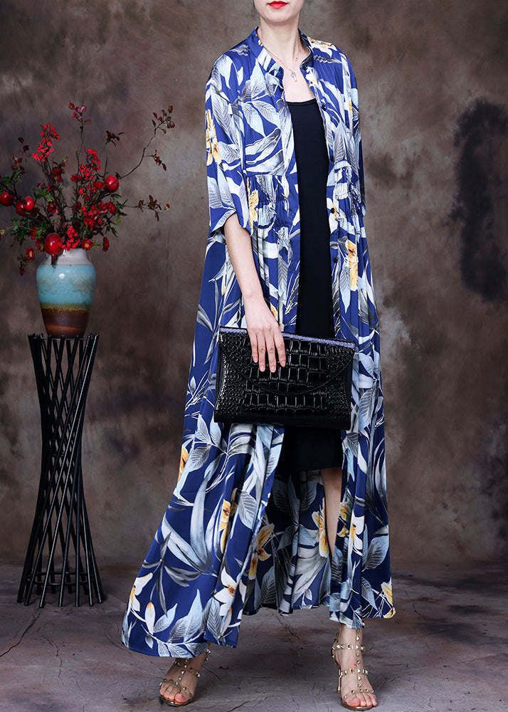 Fine Blue Stand Collar Print Wrinkled Button Silk Long Cardigans Half Sleeve